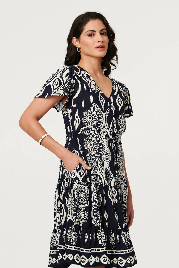 Brown | Abstract Angel Sleeve Knee Length Dress
