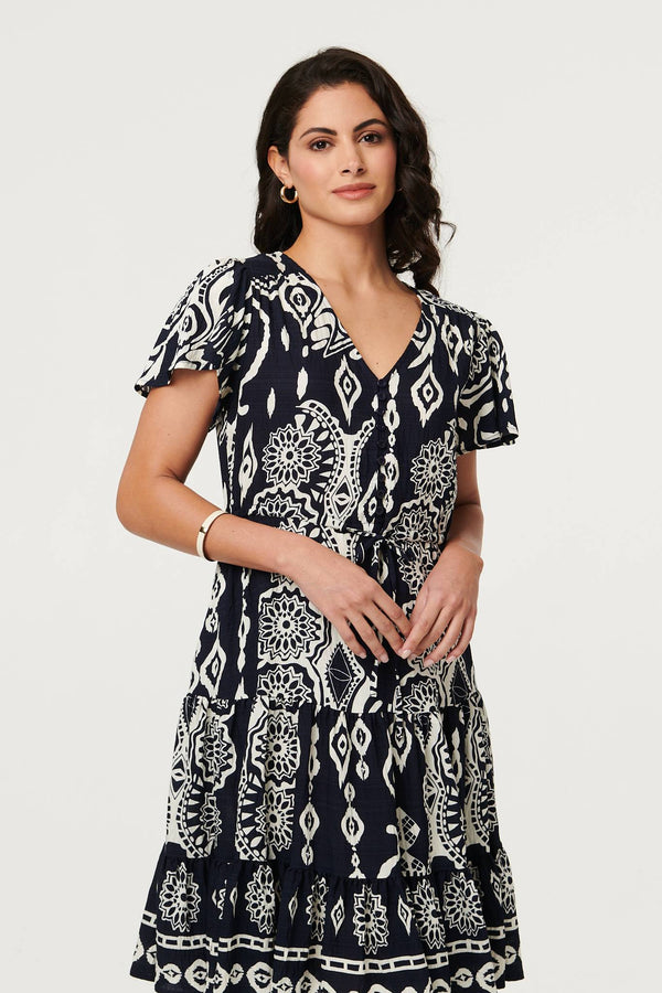 Brown | Abstract Angel Sleeve Knee Length Dress
