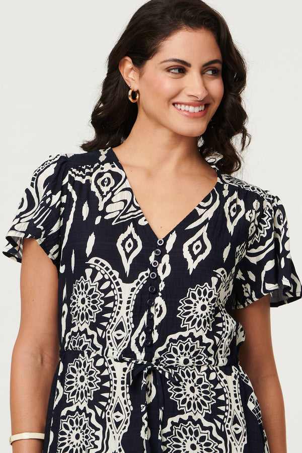Brown | Abstract Angel Sleeve Knee Length Dress
