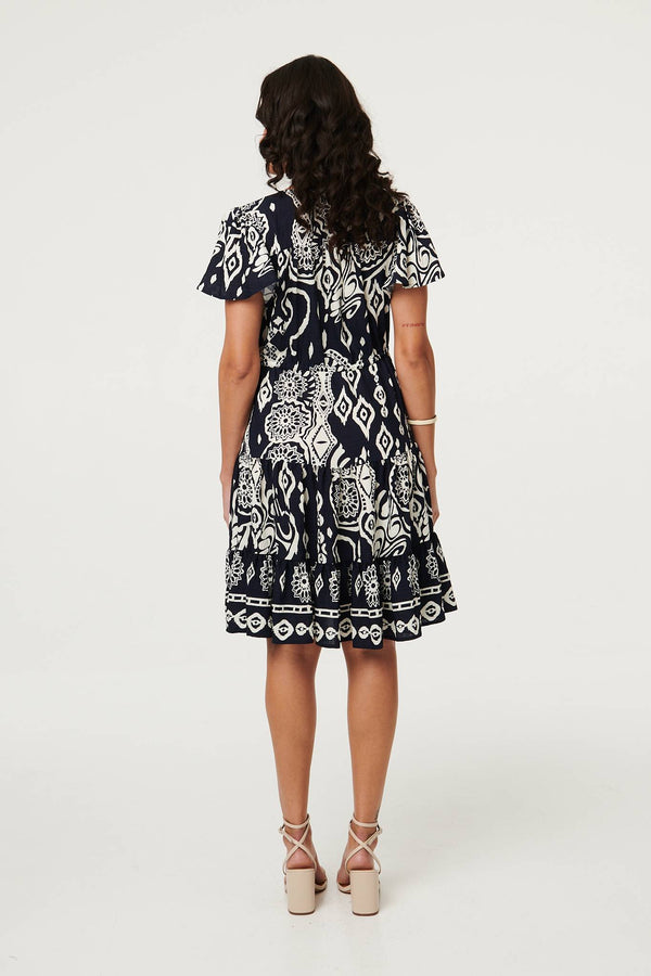 Brown | Abstract Angel Sleeve Knee Length Dress
