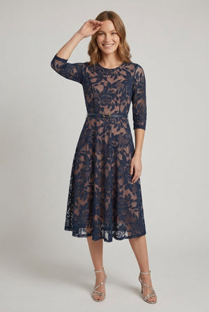 Navy | Floral Mesh Layered Midi Skater Dress