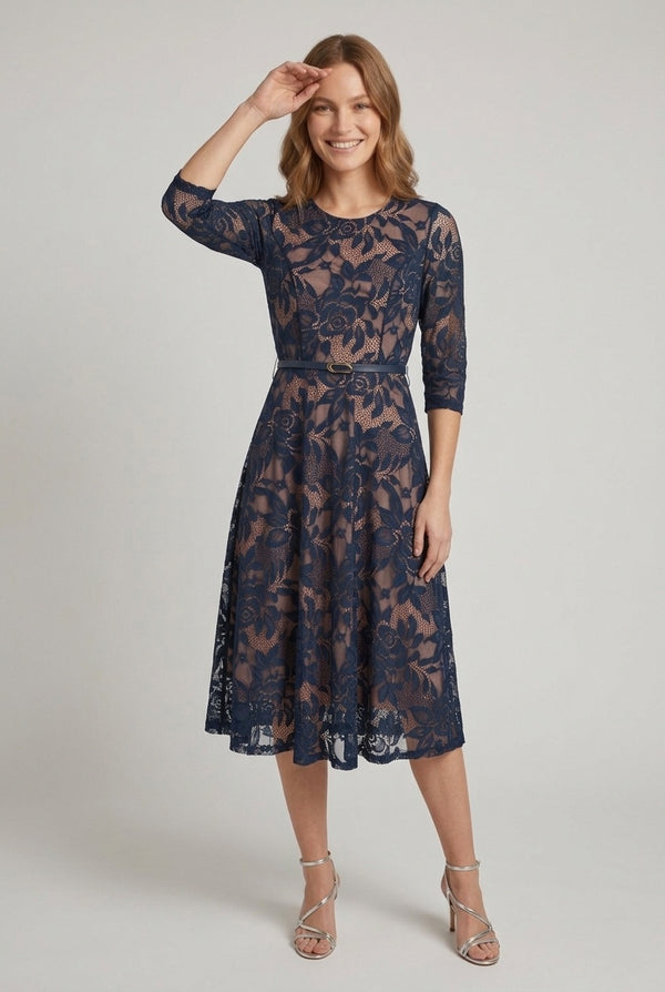 Navy | Floral Mesh Layered Midi Skater Dress