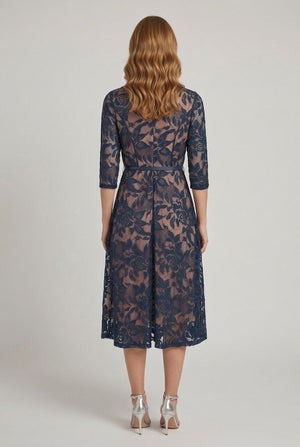 Navy | Floral Mesh Layered Midi Skater Dress