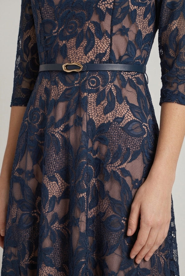 Navy | Floral Mesh Layered Midi Skater Dress
