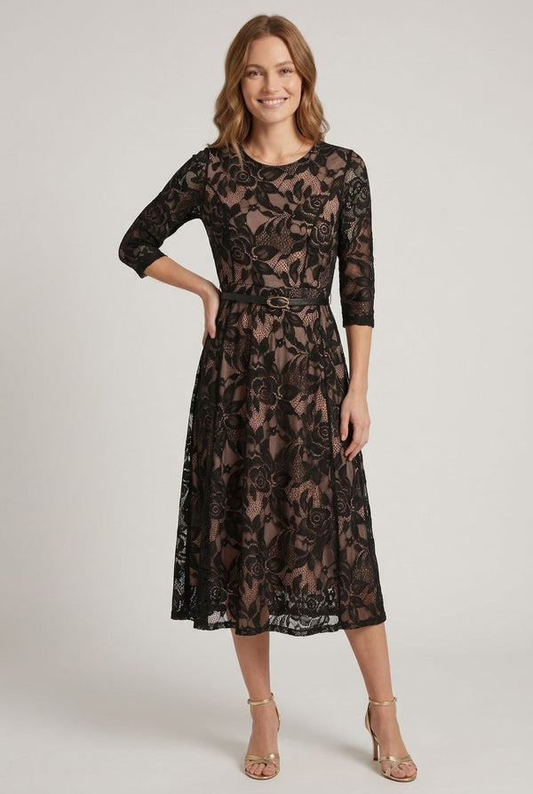 Black | Floral Mesh Layered Midi Skater Dress