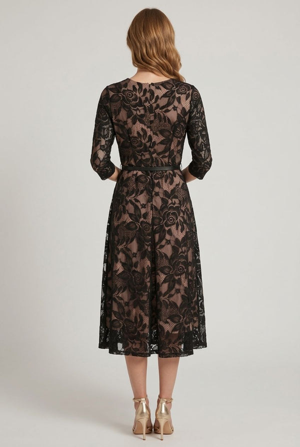 Black | Floral Mesh Layered Midi Skater Dress