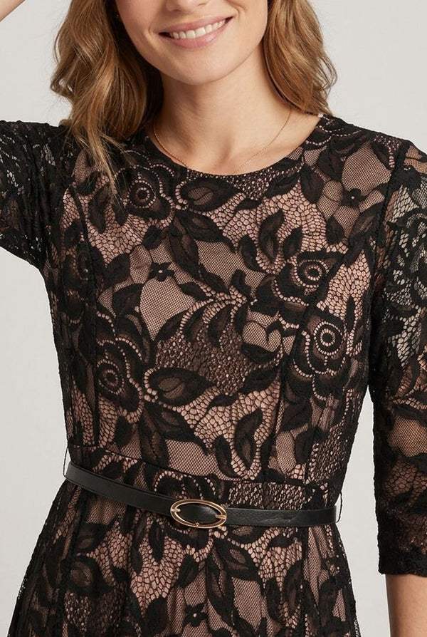 Black | Floral Mesh Layered Midi Skater Dress