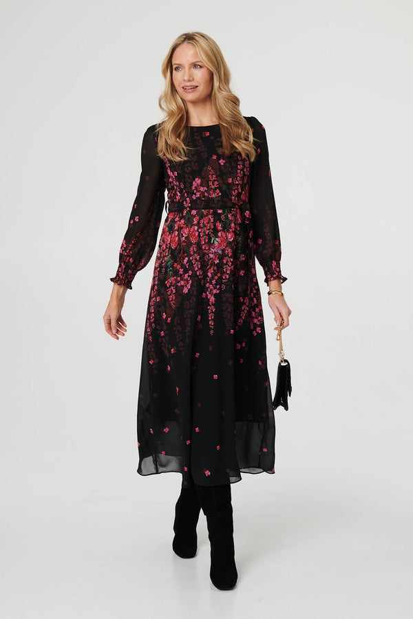 Black | Floral Tie Waist Sheer Layer Maxi Dress
