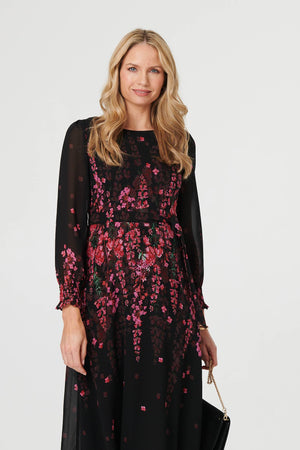 Black | Floral Tie Waist Sheer Layer Maxi Dress
