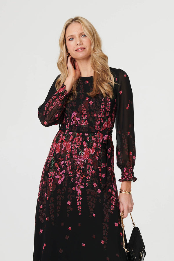 Black | Floral Tie Waist Sheer Layer Maxi Dress
