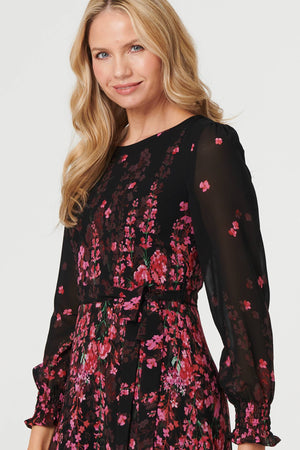 Black | Floral Tie Waist Sheer Layer Maxi Dress
