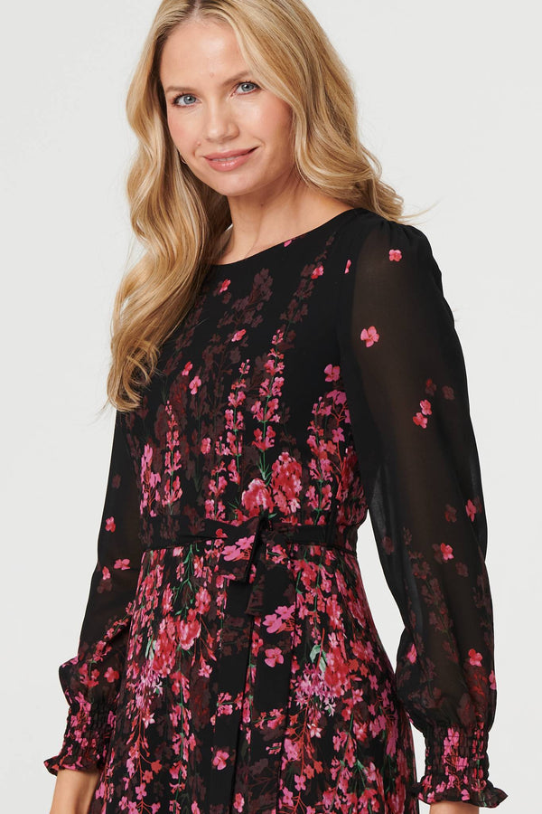 Black | Floral Tie Waist Sheer Layer Maxi Dress
