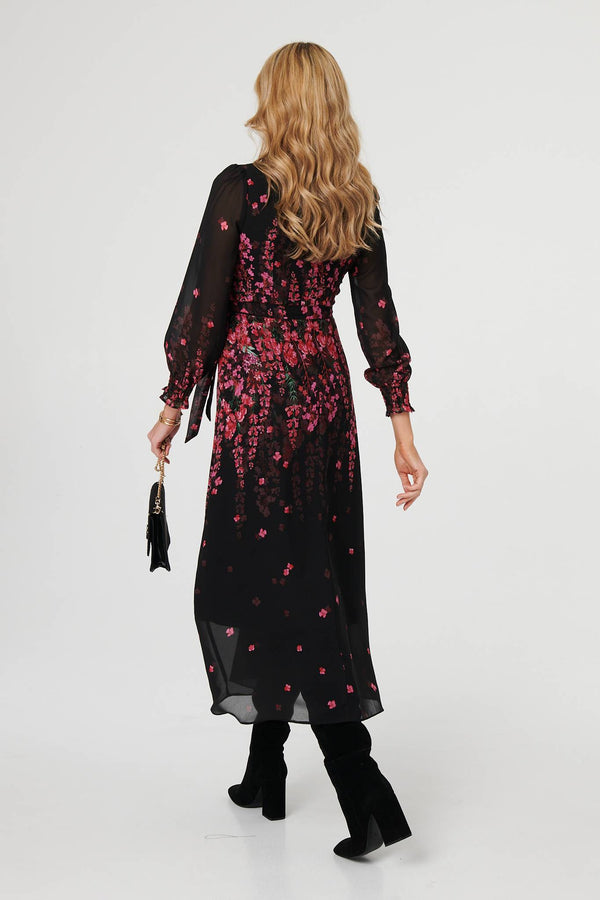 Black | Floral Tie Waist Sheer Layer Maxi Dress
