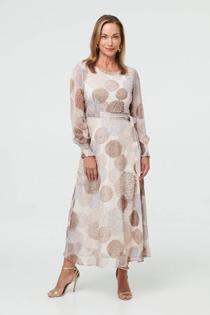 Beige | Printed Long Sleeve Layered Midi Dress