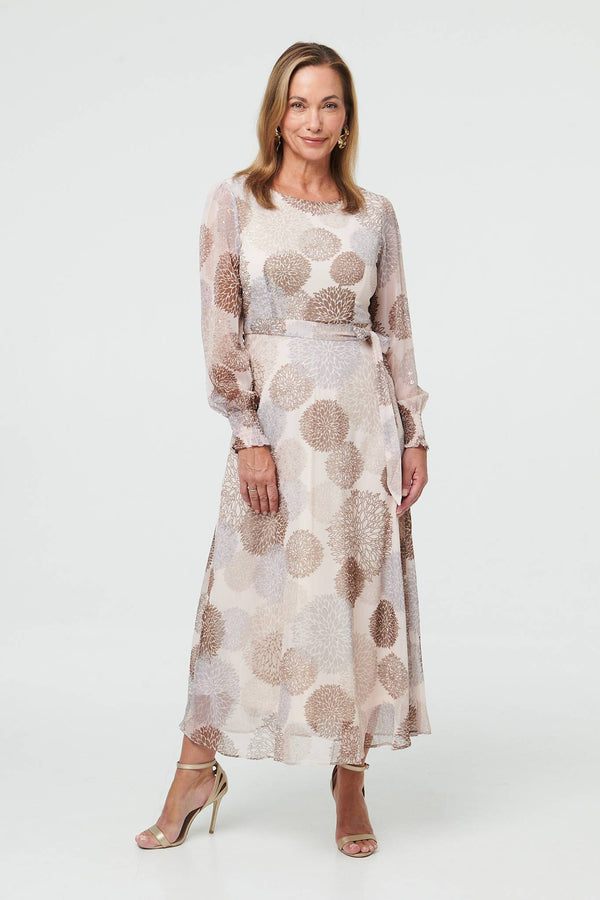 Beige | Printed Long Sleeve Layered Midi Dress