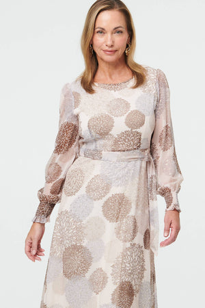 Beige | Printed Long Sleeve Layered Midi Dress