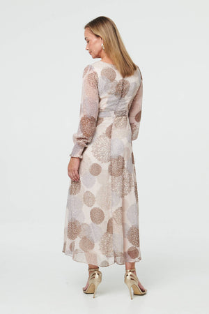Beige | Printed Long Sleeve Layered Midi Dress