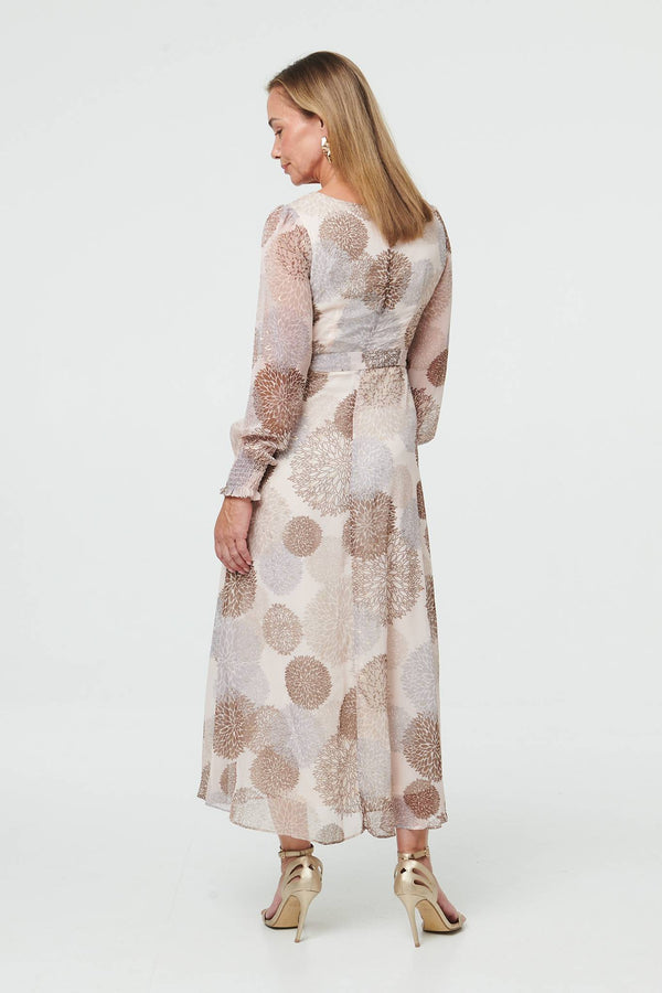 Beige | Printed Long Sleeve Layered Midi Dress