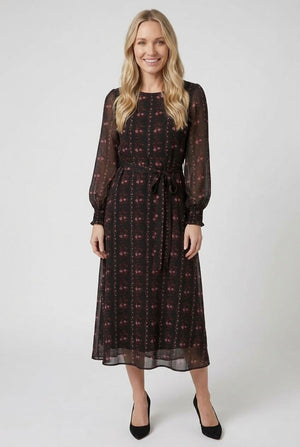 Black | Printed Semi Sheer Layered Midi Dress