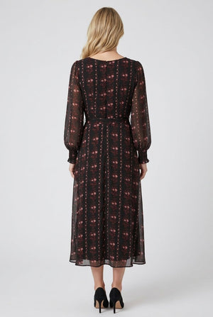 Black | Printed Semi Sheer Layered Midi Dress