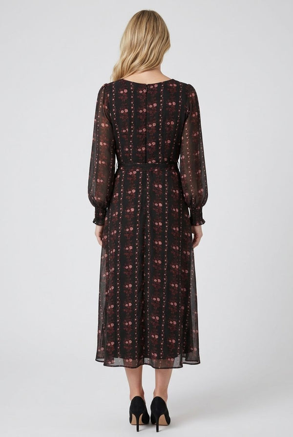 Black | Printed Semi Sheer Layered Midi Dress