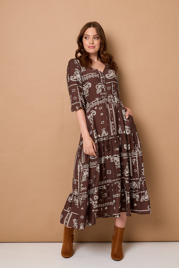 Brown | Printed 3/4 Sleeve Tie Maxi Dress