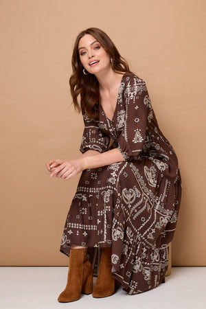 Brown | Printed 3/4 Sleeve Tie Maxi Dress
