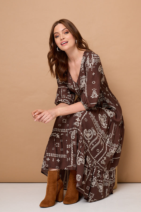Brown | Printed 3/4 Sleeve Tie Maxi Dress
