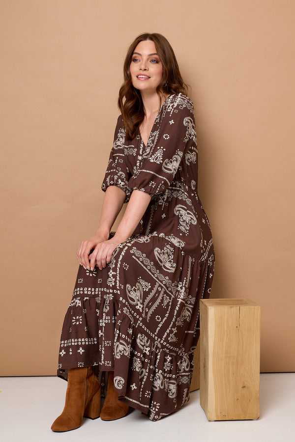 Brown | Printed 3/4 Sleeve Tie Maxi Dress