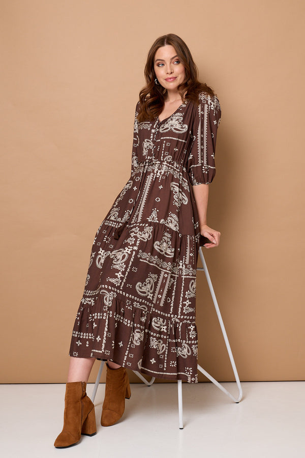 Brown | Printed 3/4 Sleeve Tie Maxi Dress