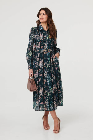 Green | Floral Lace Trim Belt Waist Maxi Dress