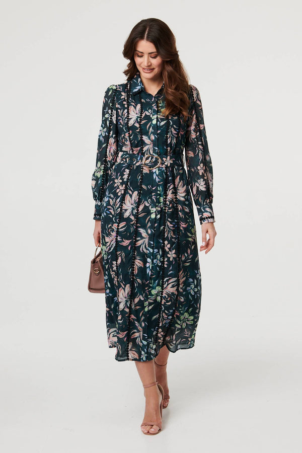 Green | Floral Lace Trim Belt Waist Maxi Dress