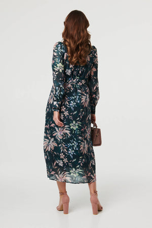 Green | Floral Lace Trim Belt Waist Maxi Dress