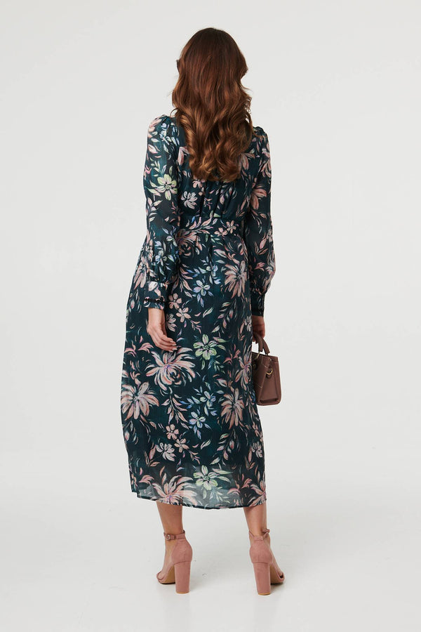 Green | Floral Lace Trim Belt Waist Maxi Dress