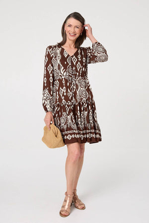 Brown | Printed Tiered V-Neck Knee Length Dress