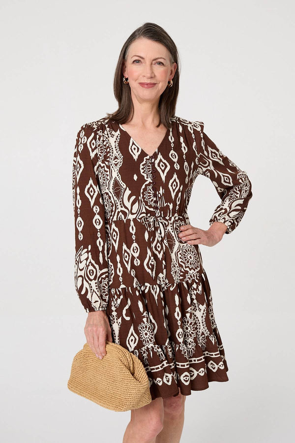 Brown | Printed Tiered V-Neck Knee Length Dress