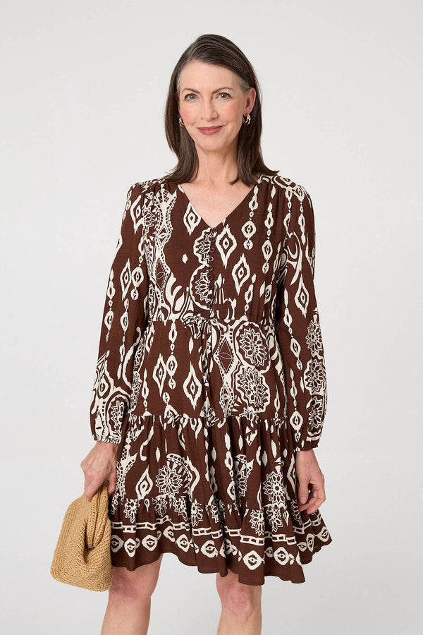 Brown | Printed Tiered V-Neck Knee Length Dress