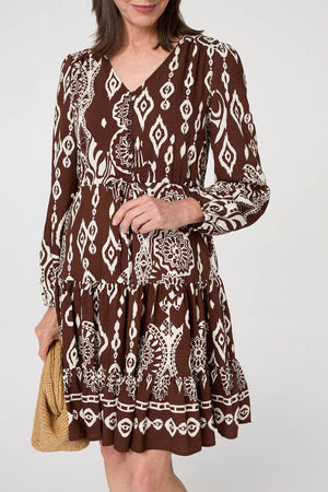 Brown | Printed Tiered V-Neck Knee Length Dress