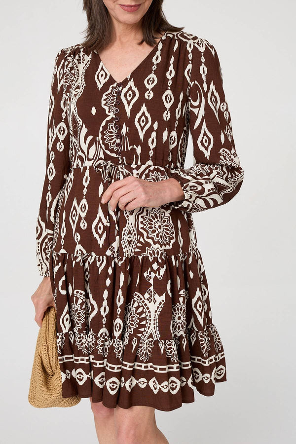 Brown | Printed Tiered V-Neck Knee Length Dress