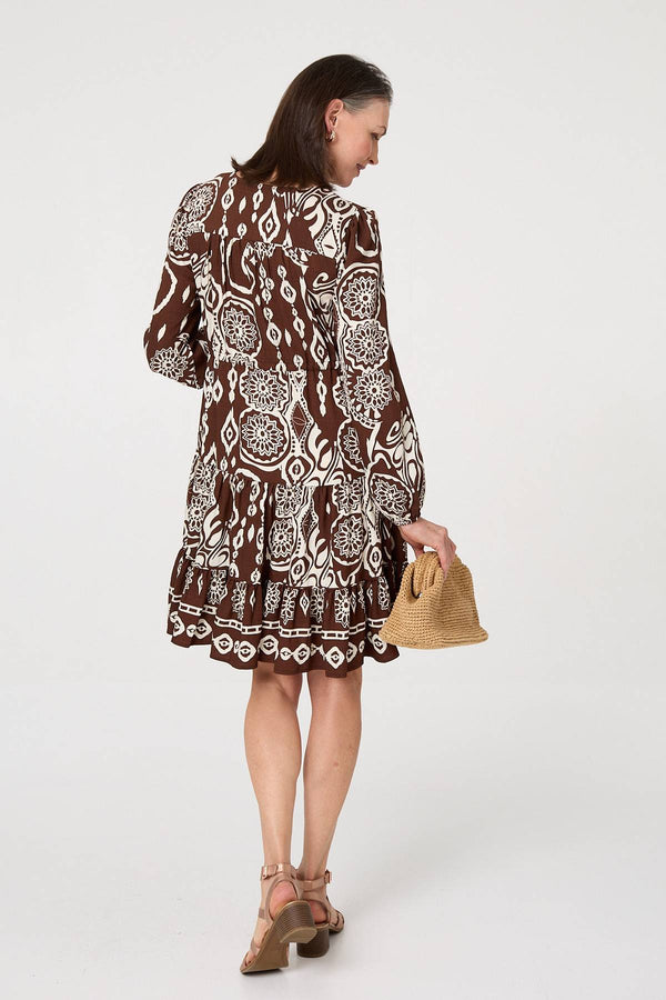 Brown | Printed Tiered V-Neck Knee Length Dress