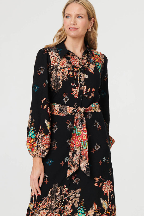 Black | Floral Tie Waist Maxi Shirt Dress
