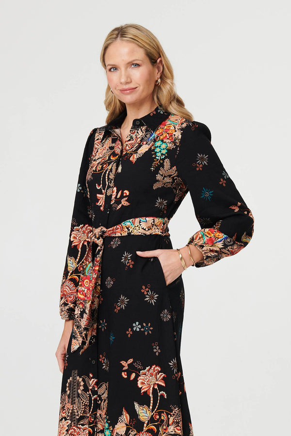 Black | Floral Tie Waist Maxi Shirt Dress

