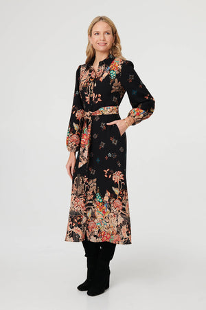 Black | Floral Tie Waist Maxi Shirt Dress
