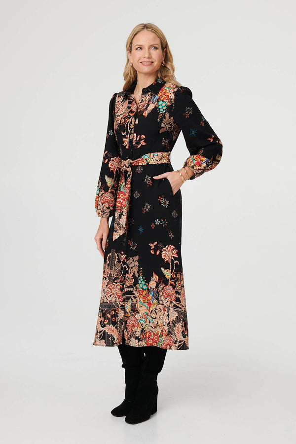Black | Floral Tie Waist Maxi Shirt Dress
