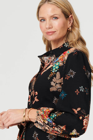 Black | Floral Tie Waist Maxi Shirt Dress
