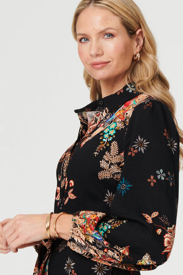 Black | Floral Tie Waist Maxi Shirt Dress
