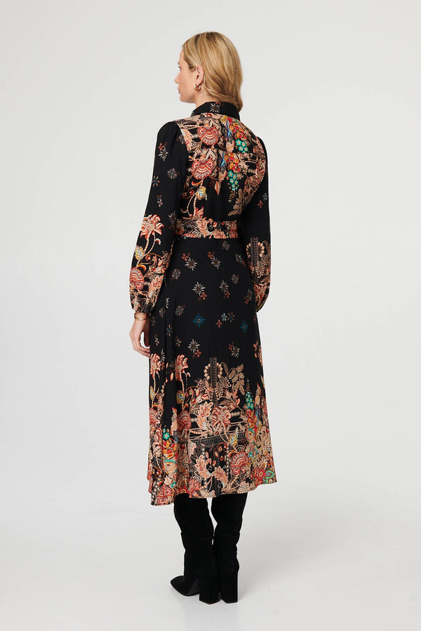 Black | Floral Tie Waist Maxi Shirt Dress
