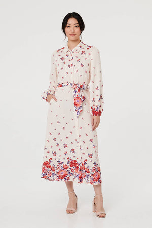 Pink | Floral Border Tie Waist Midi Shirt Dress