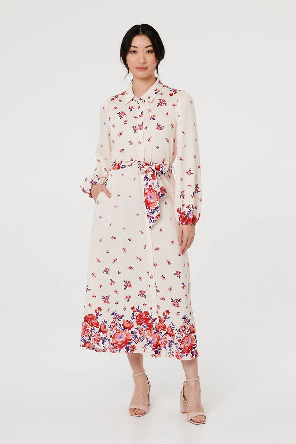Pink | Floral Border Tie Waist Midi Shirt Dress