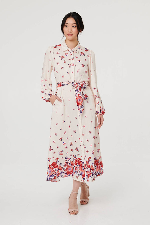 Pink | Floral Border Tie Waist Midi Shirt Dress